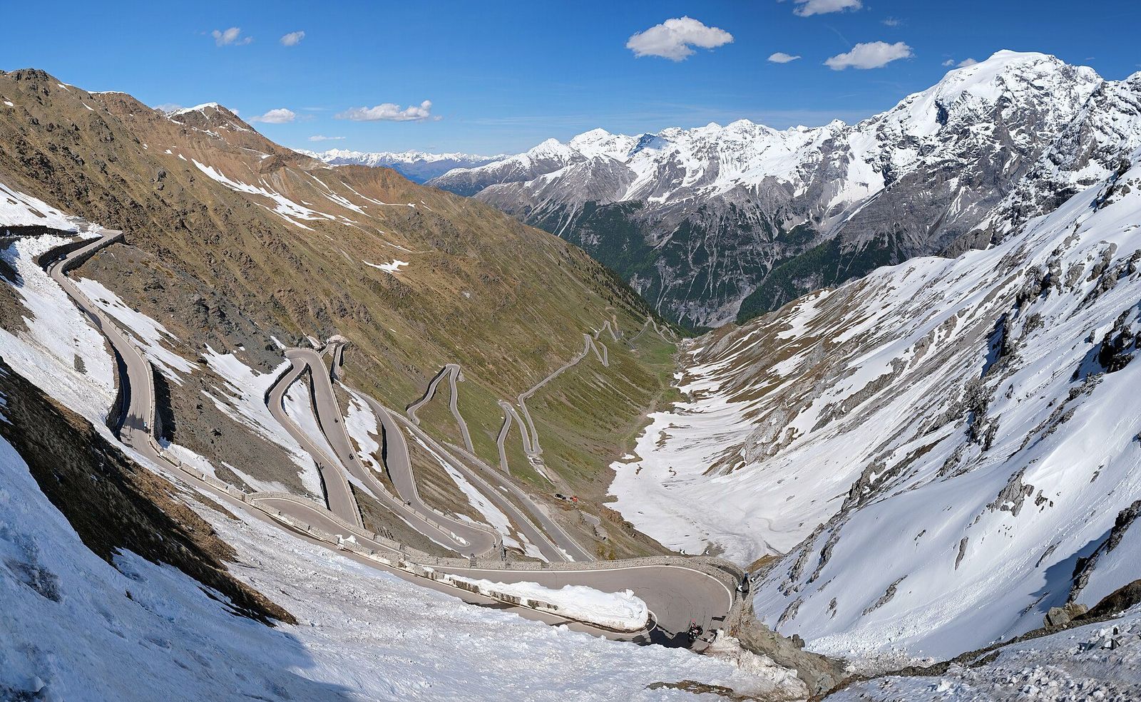 The Stelvio's switchbacks, stacked below the summit
